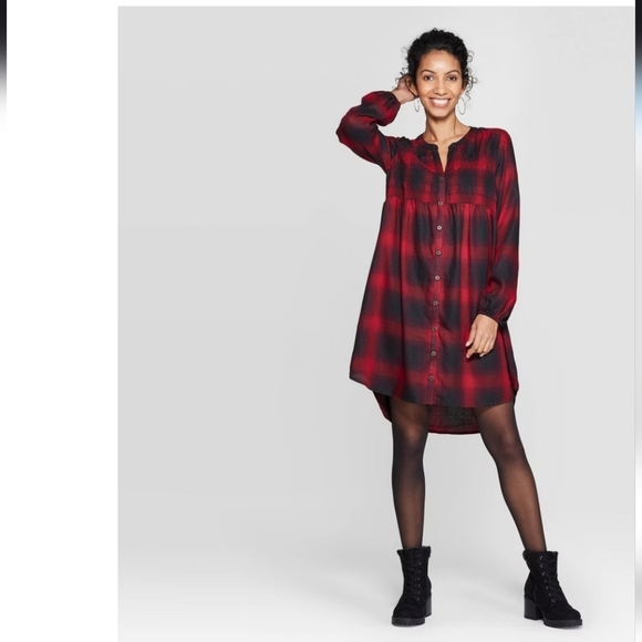 Women's Plaid Long Sleeve Split Neck Mini Shift Dress - Knox Rose Red M, Red - Picture 1 of 16